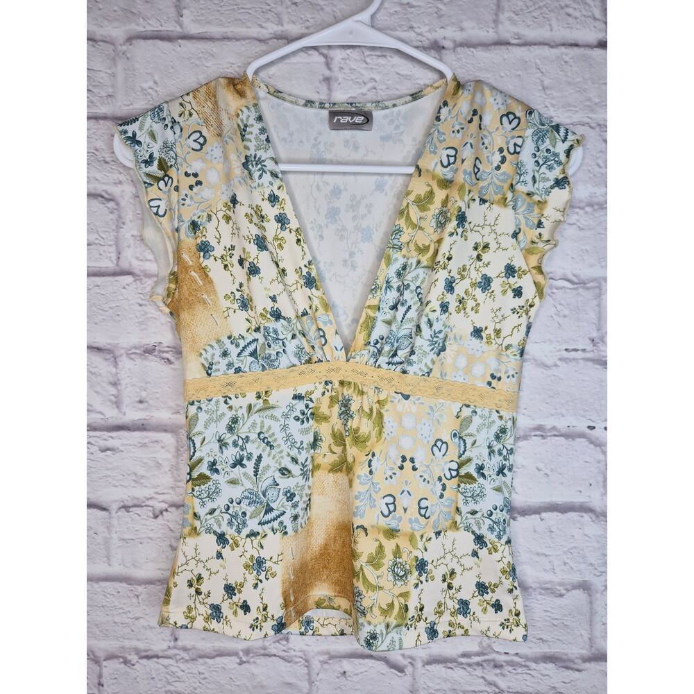 VTG Y2K Rave Patchwork Lace Top Cami Cap Sleeve Blue Yellow Cottagecore Sz S M